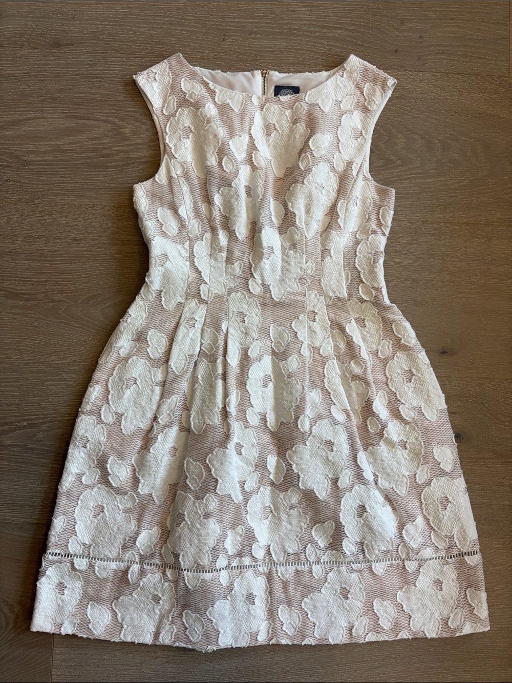 Sleeveless Floral Lace Fit-and-Flare Dress in Blush and Ivory
